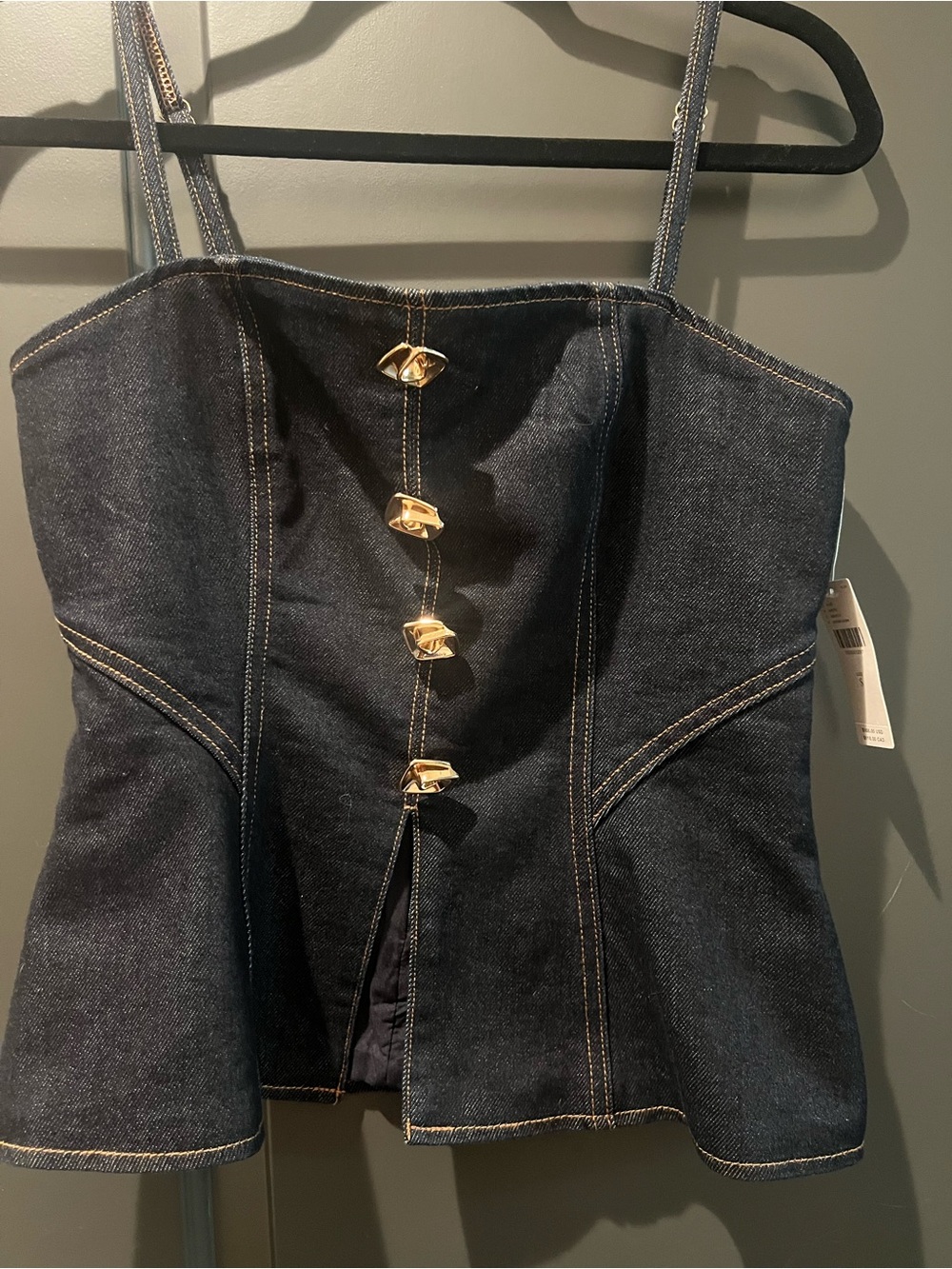 Avec Les Filles Dark Blue Denim Corset Tank with Gold Buttons - Picture 2 of 5